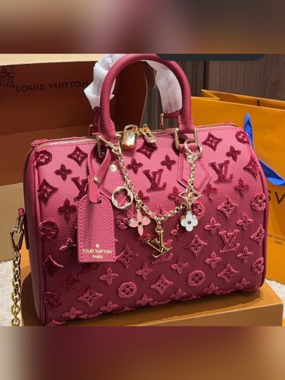 Red Leather Satchel With Fuzzy Lv Pattern Speedy 25 10x7.5x6